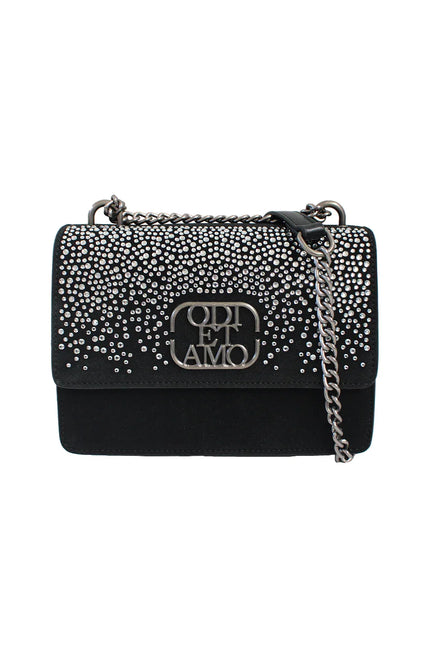 Black shoulder bag with silver studs and chain strap, elegant evening accessory