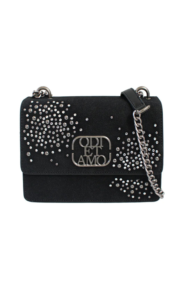 Black suede shoulder bag with silver studs, chain strap, and metal logo detail