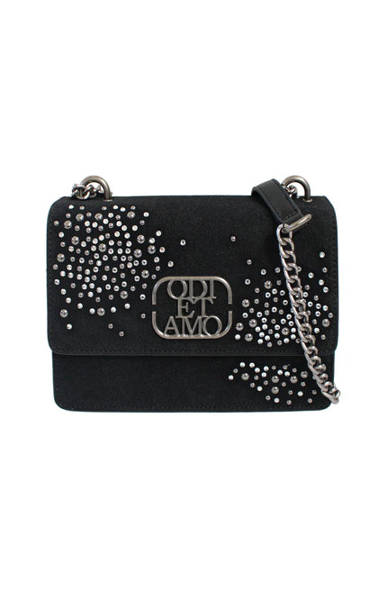 Black suede shoulder bag with silver studs, chain strap, and metal logo detail