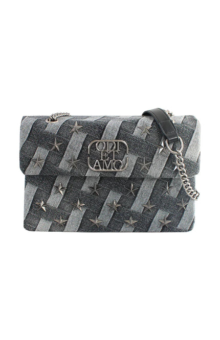 Denim shoulder bag with silver stars, metal logo buckle, and chain strap