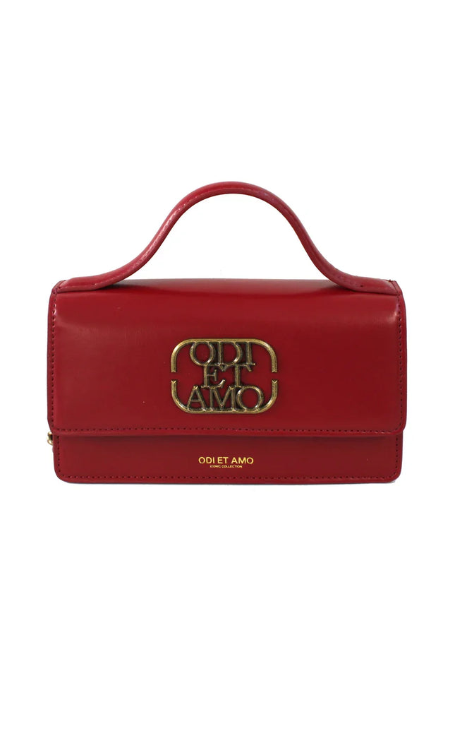 Red leather handbag with top handle and gold ODI ET AMO logo, women's Italian fashion accessory