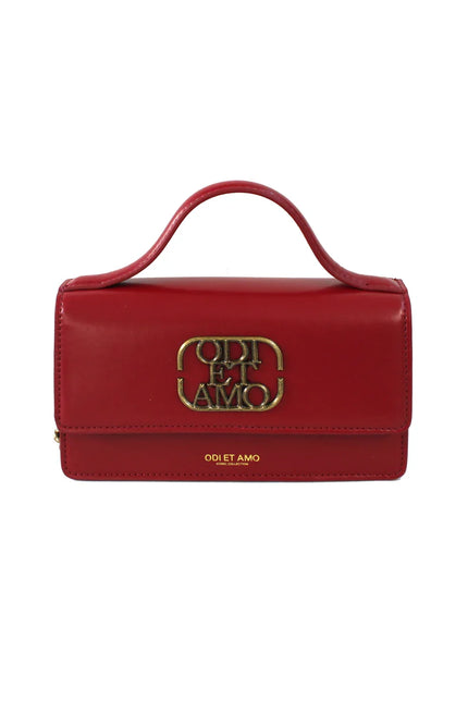 Red leather handbag with top handle and gold ODI ET AMO logo, women's Italian fashion accessory
