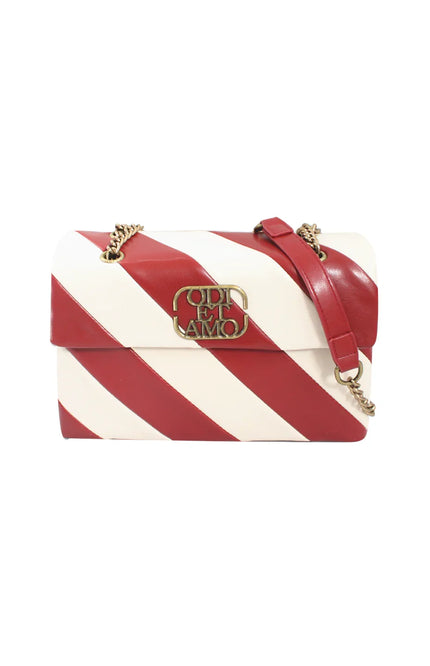 Red and white striped shoulder bag with gold metal chain and ODI ET AMO emblem