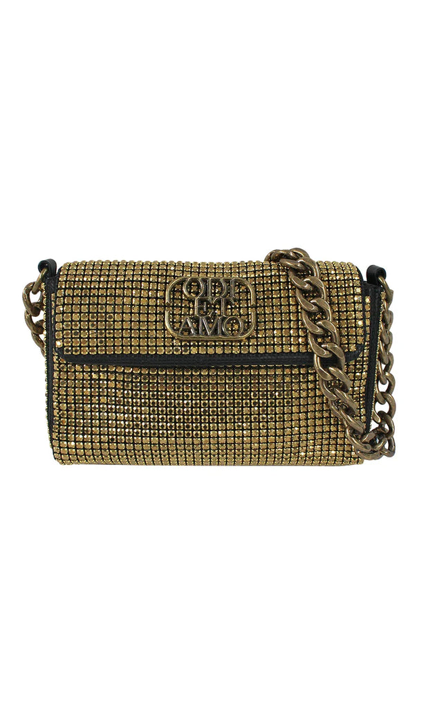 Gold rhinestone shoulder bag with chain strap and metallic logo detail on the front flap
