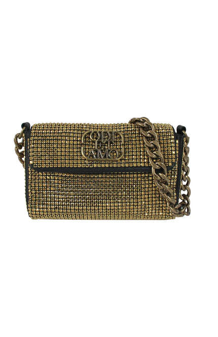 Gold rhinestone shoulder bag with chain strap and metallic logo detail on the front flap