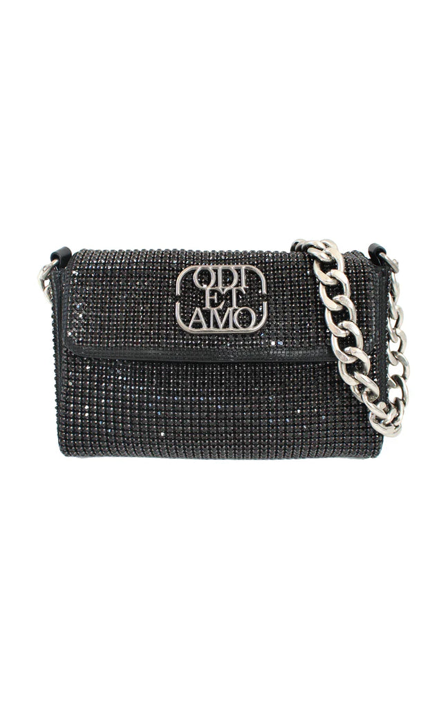Black rhinestone handbag with silver chain strap and ODI ET AMO logo on front