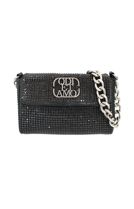 Black rhinestone handbag with silver chain strap and ODI ET AMO logo on front