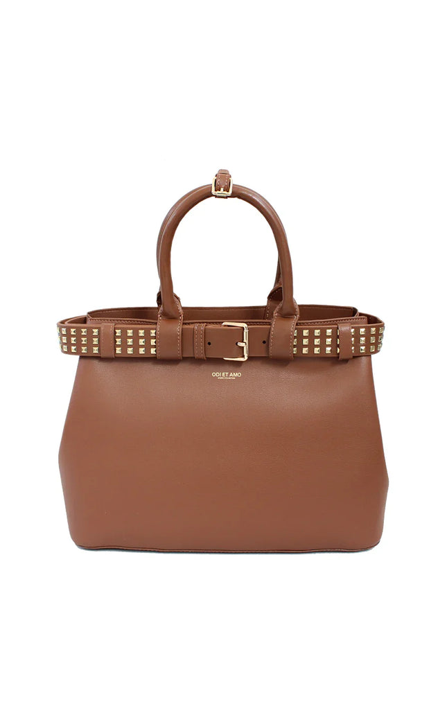 Brown leather handbag with gold studded belt and handles, women's fashion accessory