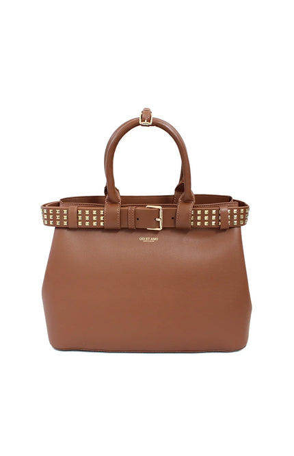Brown leather handbag with gold studded belt and handles, women's fashion accessory