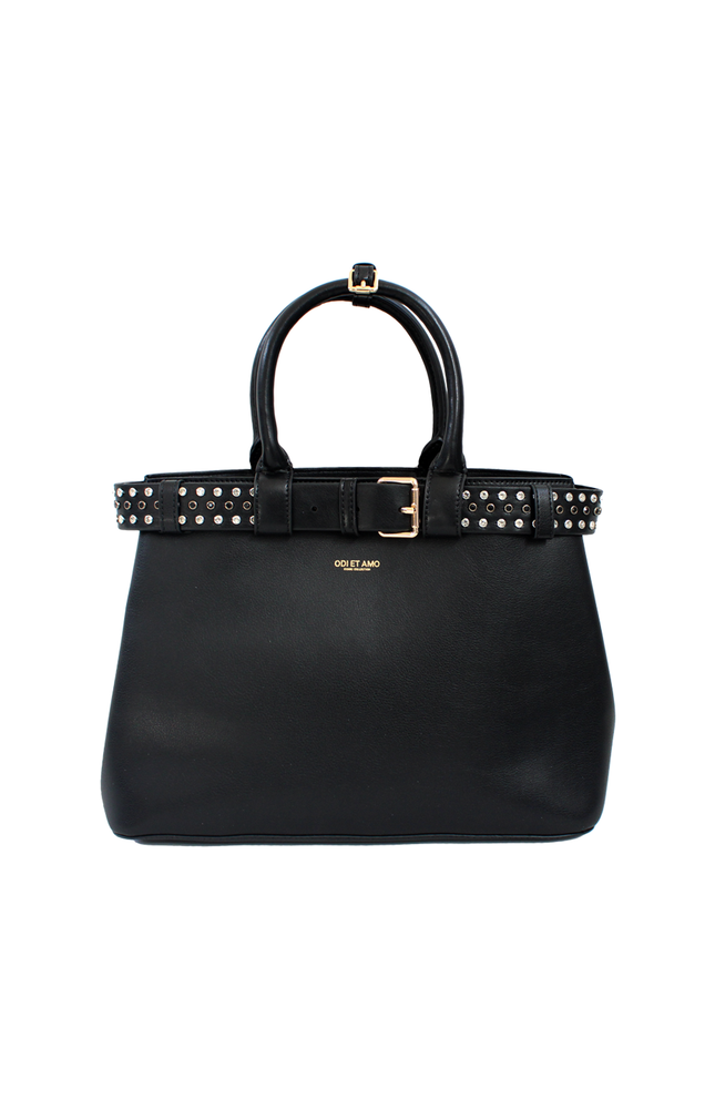 ECO-LEATHER HANDBAG WITH STUDDED AND RHINESTONE BELT