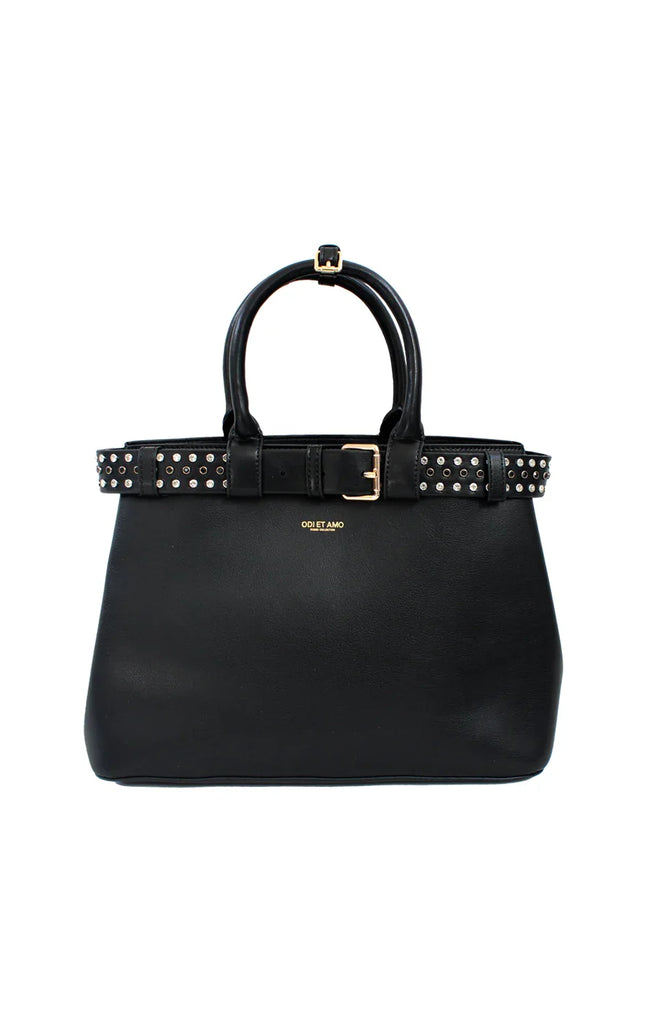 Black leather handbag with studded belt detail and gold buckle, women's fashion accessory