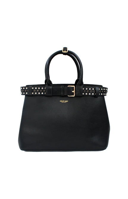 Black leather handbag with studded belt detail and gold buckle, women's fashion accessory