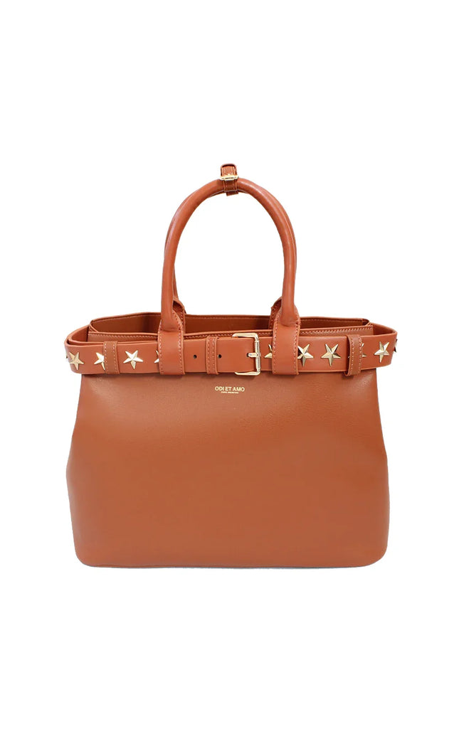 Brown leather handbag with gold star studs and double handles, women's fashion accessory