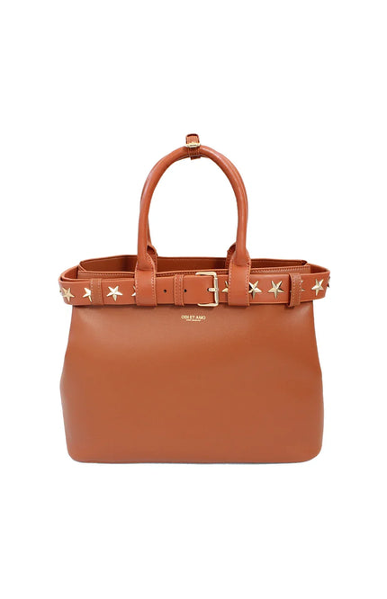 Brown leather handbag with gold star studs and double handles, women's fashion accessory