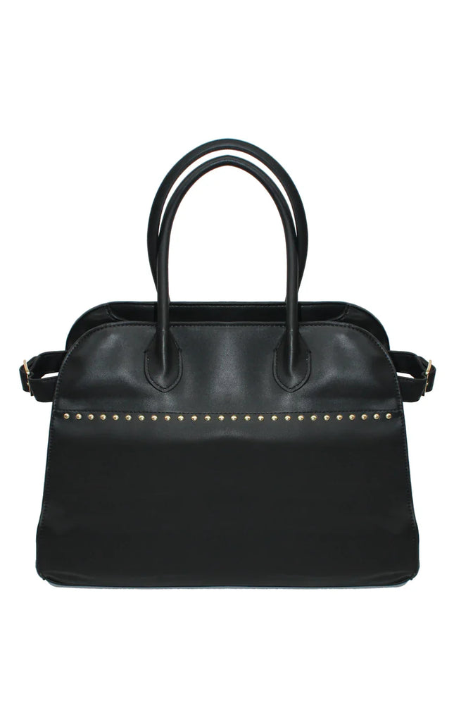 Black leather handbag with gold stud details and double handles, fashion accessory