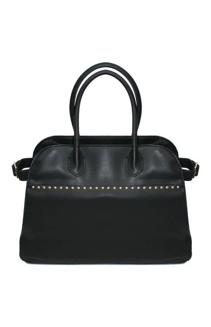 Black leather handbag with gold stud details and double handles, fashion accessory