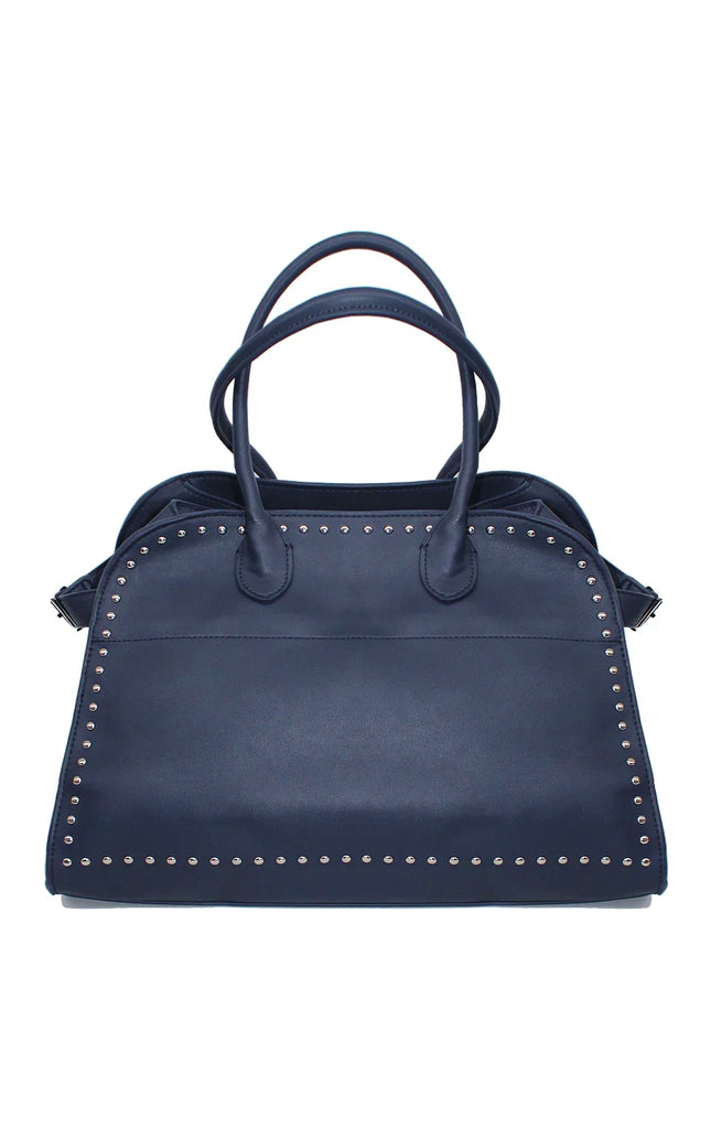 Navy blue studded handbag with double handles, made in Italy, displayed on white background