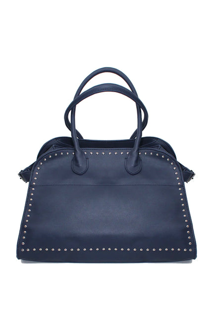 Navy blue studded handbag with double handles, made in Italy, displayed on white background