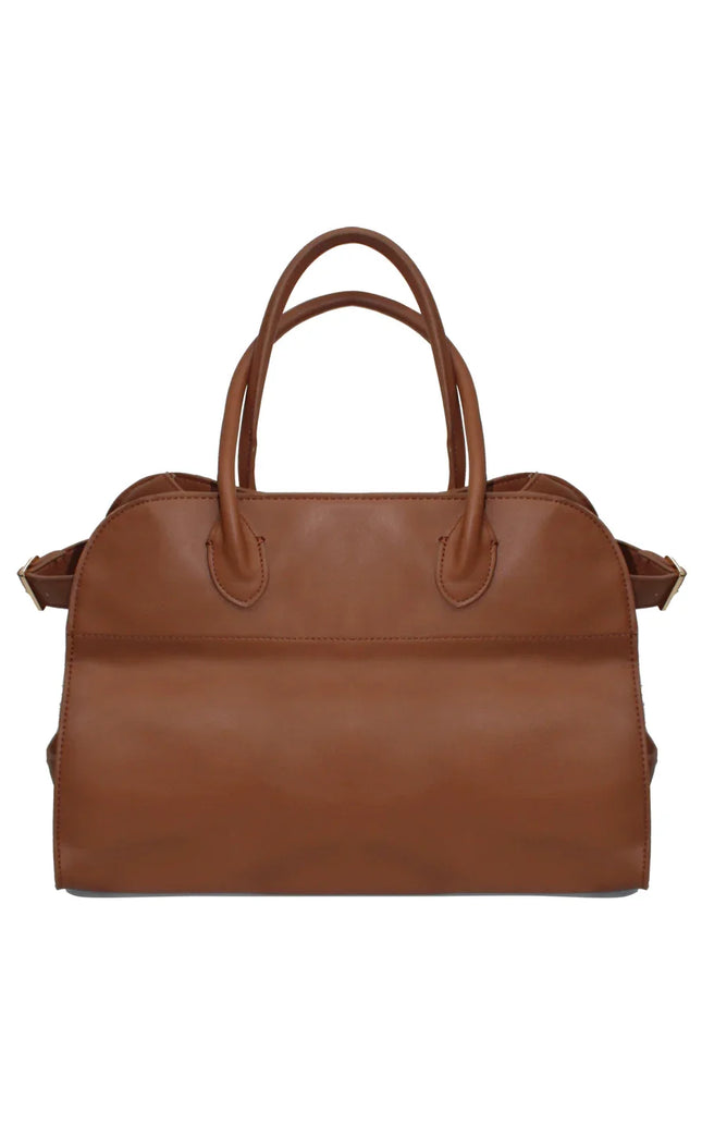 Elegant brown leather handbag with double top handles, isolated on white background