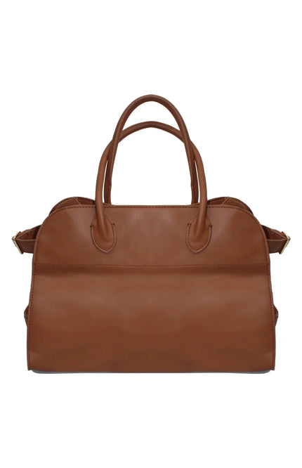 Elegant brown leather handbag with double top handles, isolated on white background