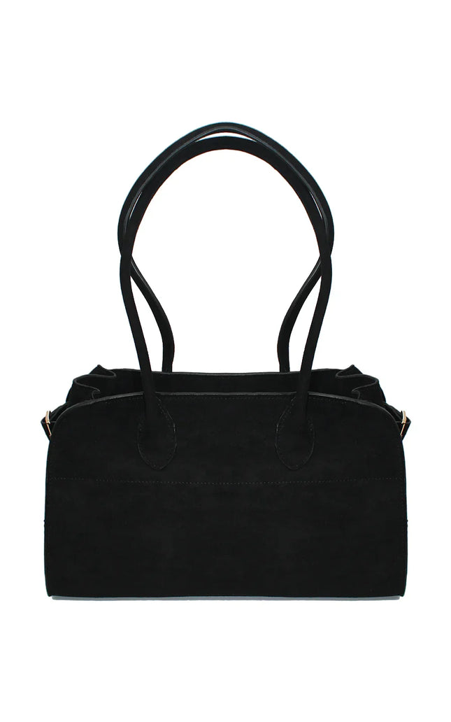 Black suede handbag with double handles, minimalist Italian fashion accessory