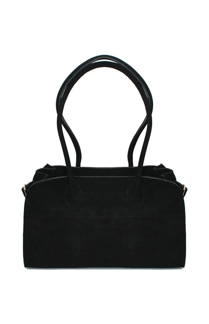 Black suede handbag with double handles, minimalist Italian fashion accessory