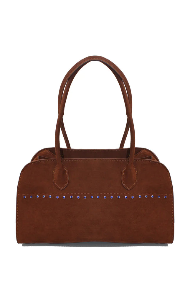 Brown suede women's handbag with double handles and blue stud accents, on white background