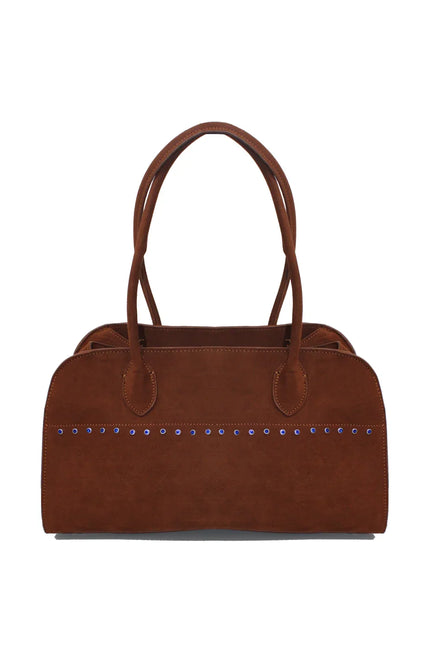 Brown suede women's handbag with double handles and blue stud accents, on white background