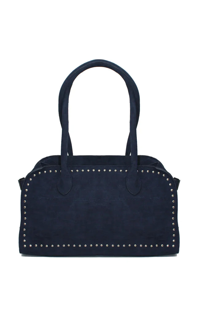 Navy blue studded suede handbag with double handles on white background