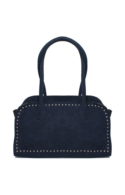 Navy blue studded suede handbag with double handles on white background