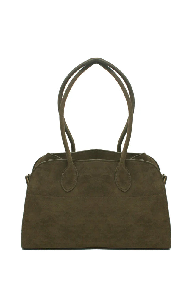 Olive green suede handbag with double handles on white background