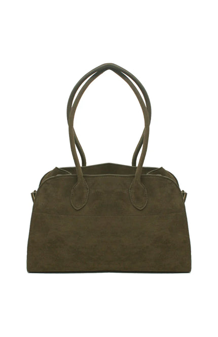 Olive green suede handbag with double handles on white background