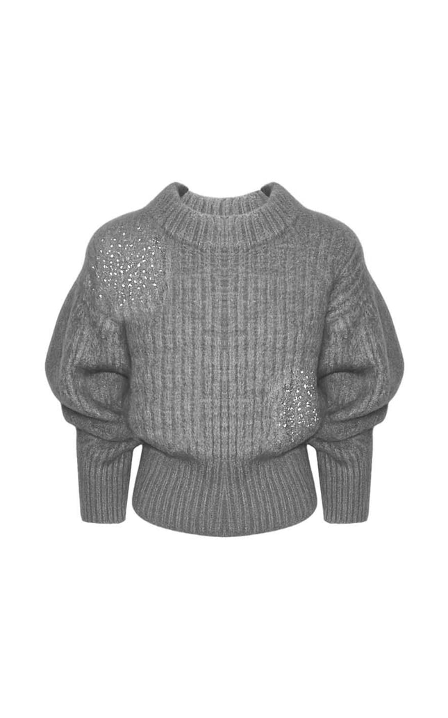 Chunky grey knit sweater with ribbed texture, crystal embellishments, and puffed sleeves