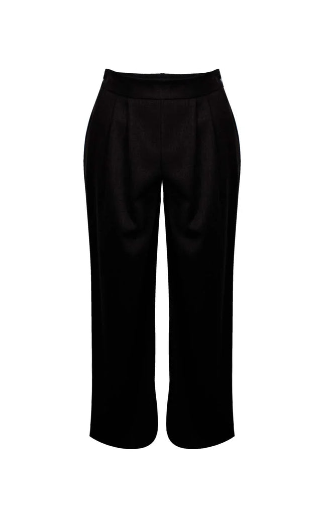Women's black tailored wide-leg cropped pants with pleats on white background