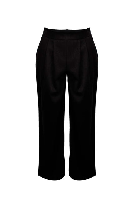 Women's black tailored wide-leg cropped pants with pleats on white background