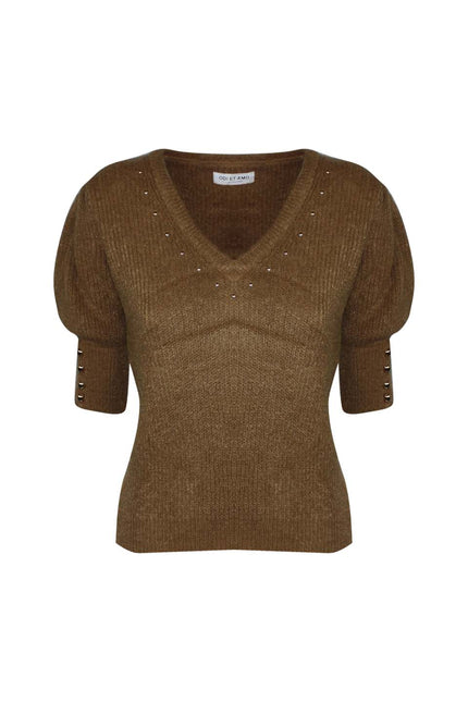 PULLOVER MANICA CORTA IN MISTO MOHAIR BORCHIE SU SCOLLO A V