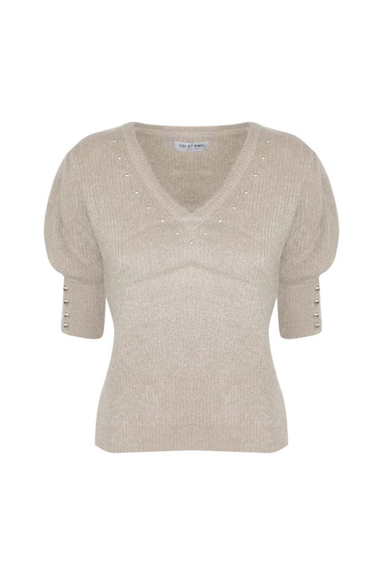 PULLOVER MANICA CORTA IN MISTO MOHAIR BORCHIE SU SCOLLO A V