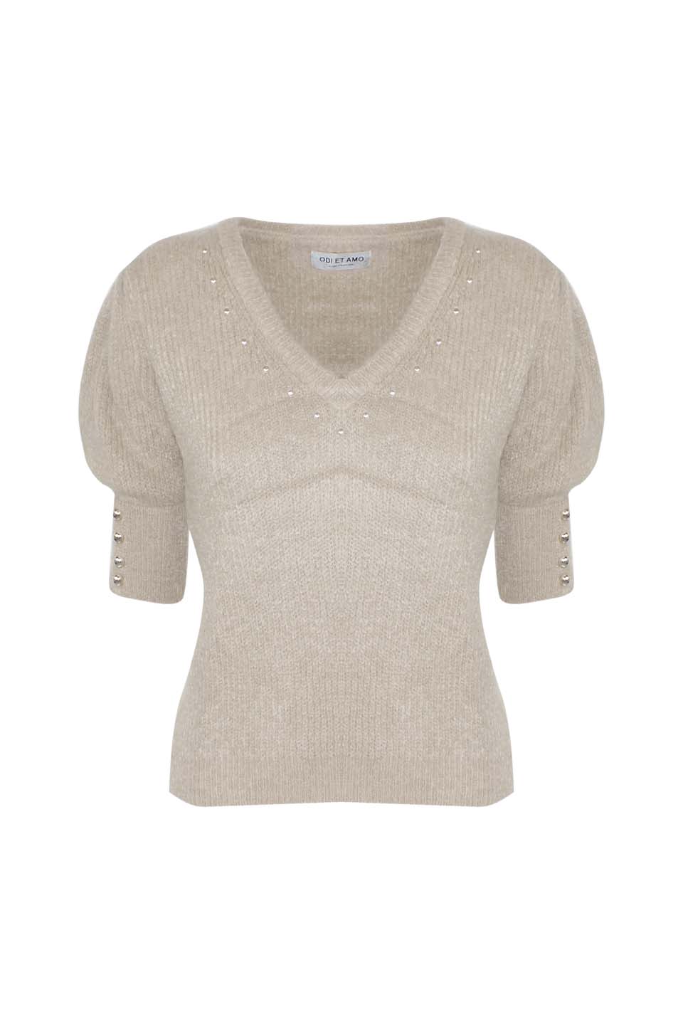 PULLOVER MANICA CORTA IN MISTO MOHAIR BORCHIE SU SCOLLO A V