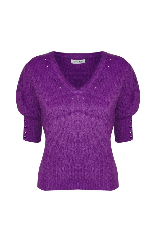 SHORT-SLEEVE MOHAIR BLEND PULLOVER WITH STUDS ON THE V-NECK