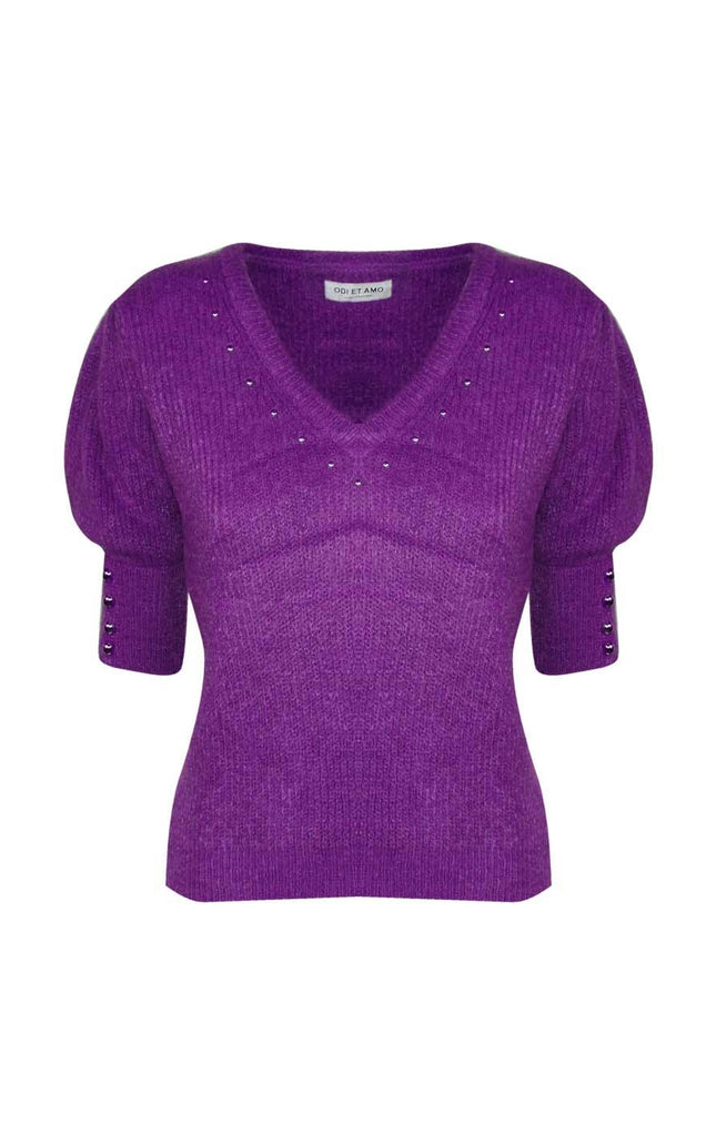SHORT-SLEEVE MOHAIR BLEND PULLOVER WITH STUDS ON THE V-NECK