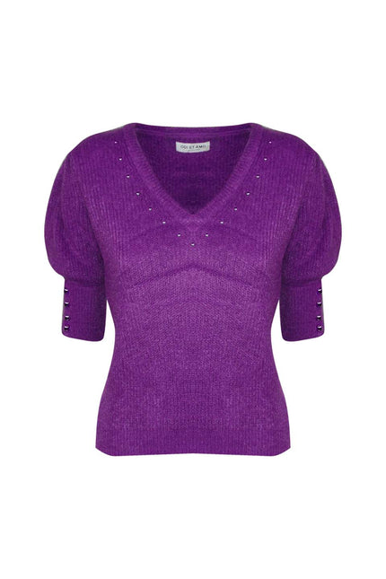PULLOVER MANICA CORTA IN MISTO MOHAIR BORCHIE SU SCOLLO A V
