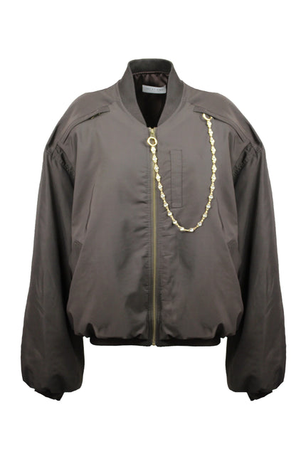 OVERSIZED BOMBER JACKET WITH POCKETS AND JEWEL CHAIN