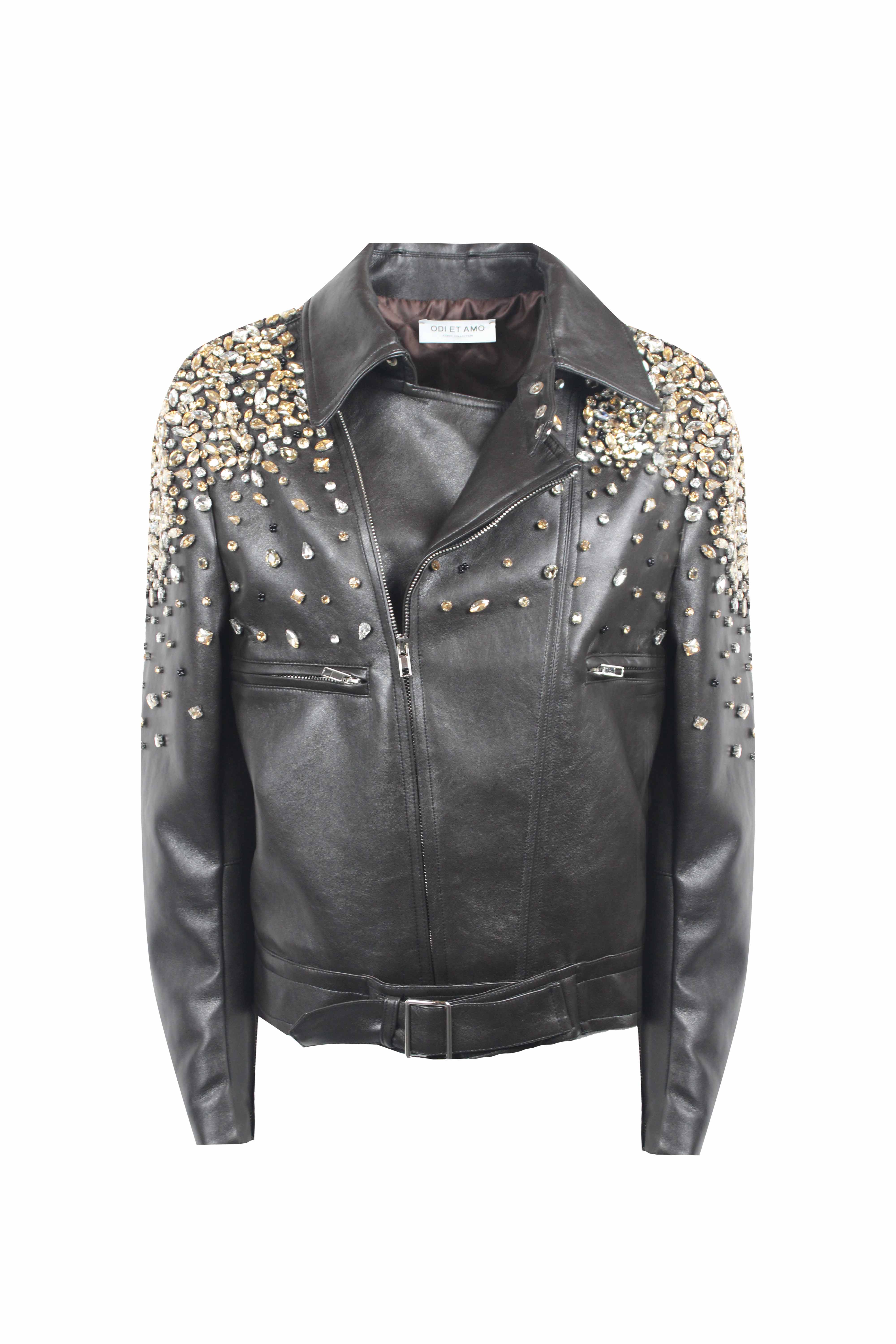 GIUBBOTTO ECOPELLE PIETRE E STRASS RICAMATI A MANO