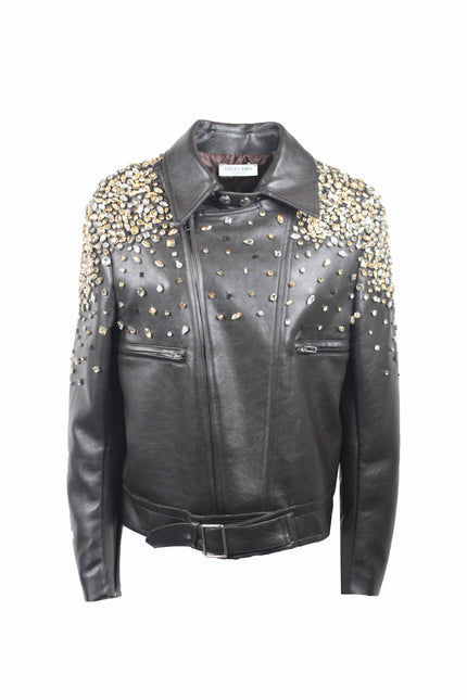 ECO-LEATHER JACKET WITH HAND-EMBROIDERED STONES AND RHINESTONES