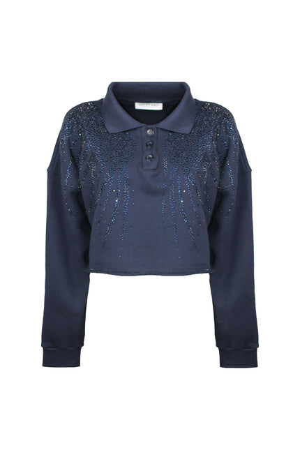 RHINESTONE POLO COLLAR SWEATSHIRT