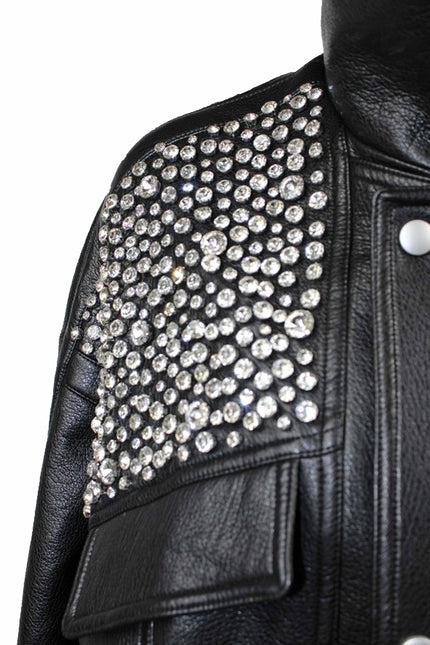 ECO-LEATHER BOMBER JACKET WITH HAND-EMBROIDERED CRYSTALS AND RHINESTONES