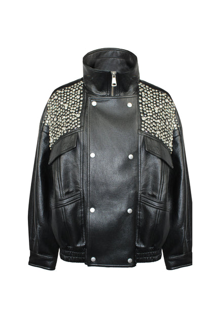ECO-LEATHER BOMBER JACKET WITH HAND-EMBROIDERED CRYSTALS AND RHINESTONES