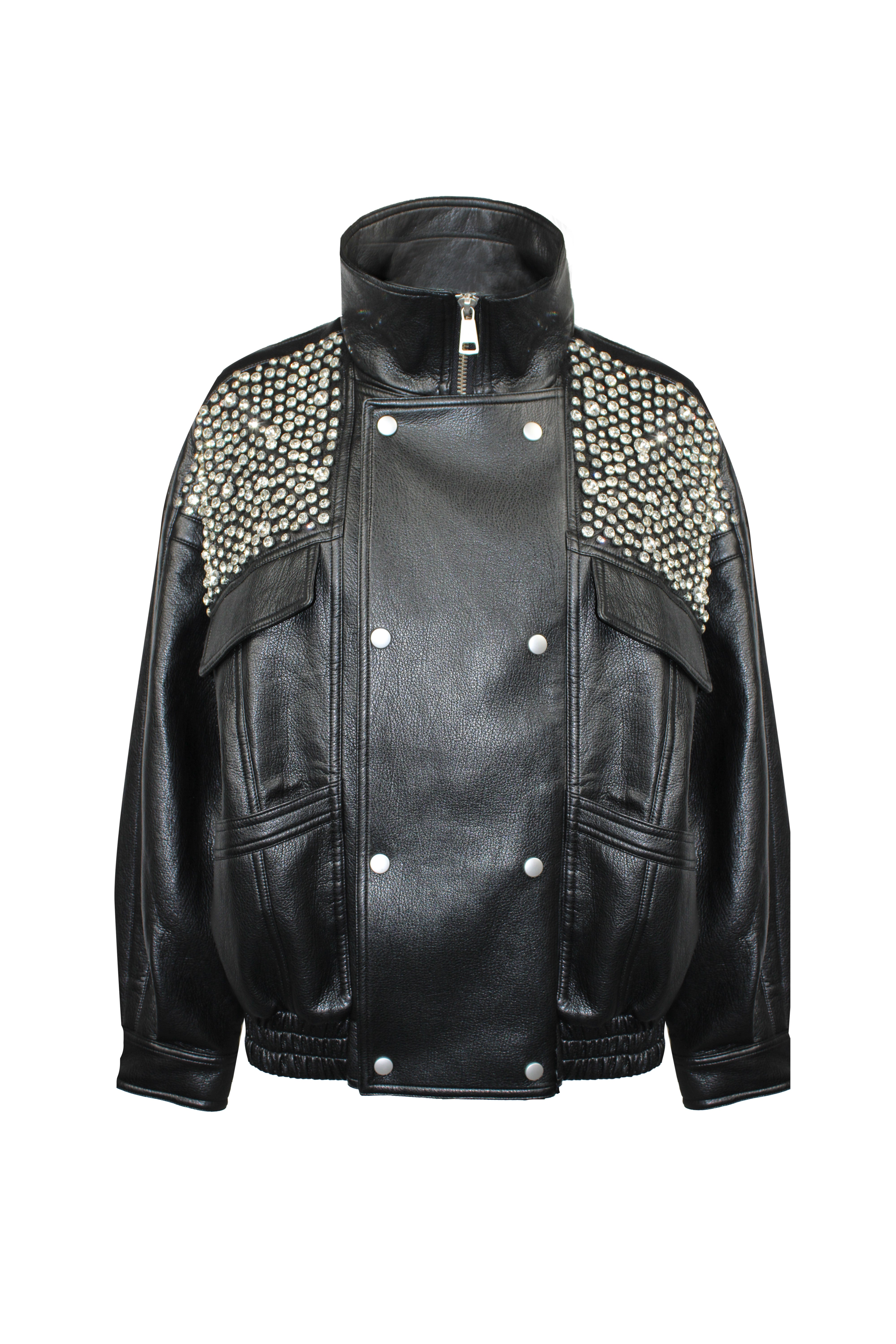 GIUBBINO/BOMBER IN ECOPELLE CON CRISTALLI E STRASS RICAMATI A MANO