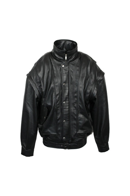 OVERSIZED GENUINE LEATHER BOMBER JACKET WITH REMOVABLE SLEEVES