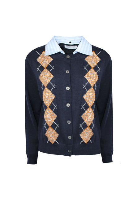 CARDIGAN COLLETTO A CAMICIA CON ROMBI E STRASS